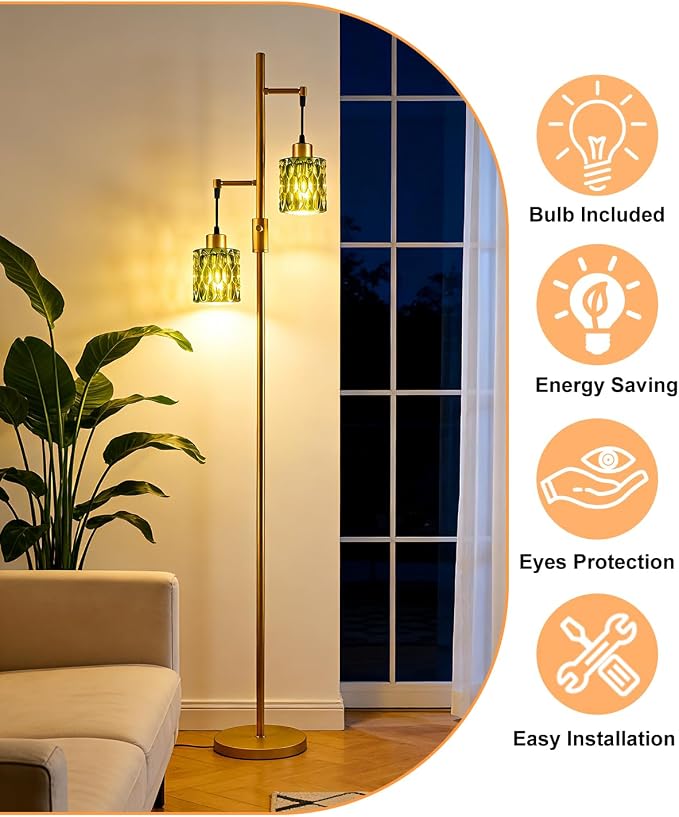 Lightdot 65IN Industrial Gold Floor Lamp for Living Room, 2- Light Green Glass Floor Lamps with Warm White Bulbs, Modern Farmhouse Tree Standing Tall Lamp with 5Lbs Heavy Base for Bedroom Home Office