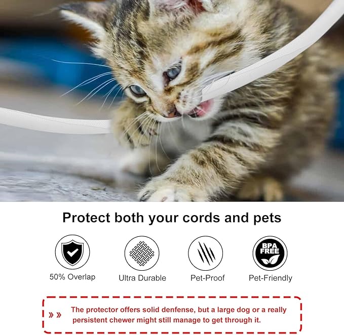 Secbolt Cord Protectors from Pets No Chew, 25ft - 3/8 inch Ultra Durable Cord Covers for Pets, Bite-Resistant Cable and Wire Protector for Cats, Dogs, Rabbits - White
