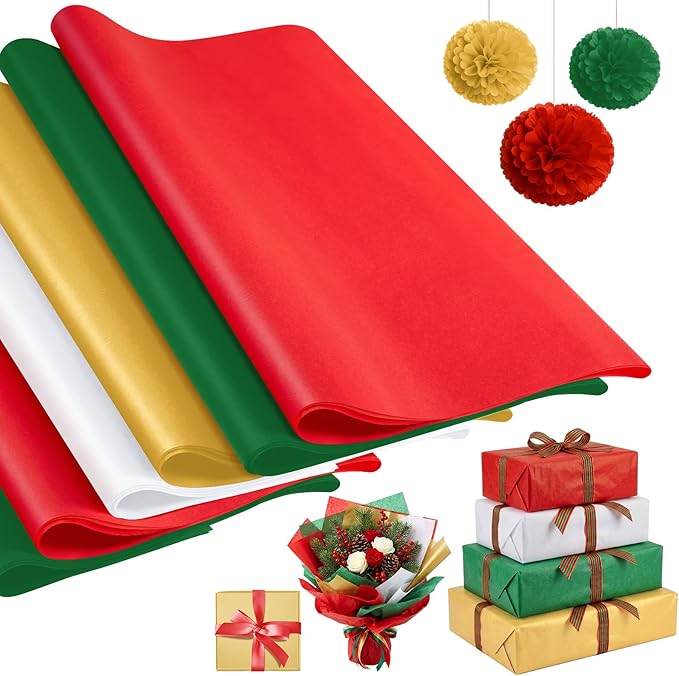 Qilery 500 Sheets Christmas Colored Tissue Paper Bulk 15 x 20 Inch Red Green Gold White Wrapping Paper for Gift Bags Acid Free Tissue for Christmas Craft Supplies, Bouquets, Garlands, Forming Pompoms