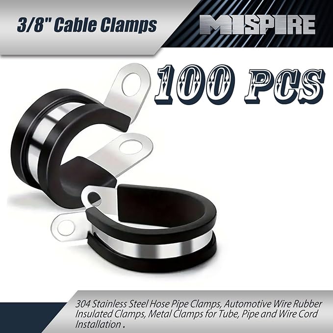 MISPIRE 100 Pack 3/8 inch Cable Clamps, 304 Stainless Steel Hose Pipe Clamps, Automotive Wire Rubber Insulated Clamps, Metal Clamps for Tube, Pipe and Wire Cord Installation