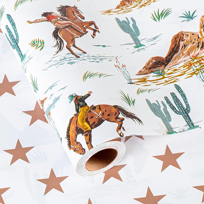 Homeral Reversible Cowboy Wrapping Paper Roll - 17In x 32.8Ft Western Gift Wrap with Rodeo Horse and Star Pattern for Boys Birthday, Fathers Day, Bachelor Party, Christmas, Farm Theme, Holiday