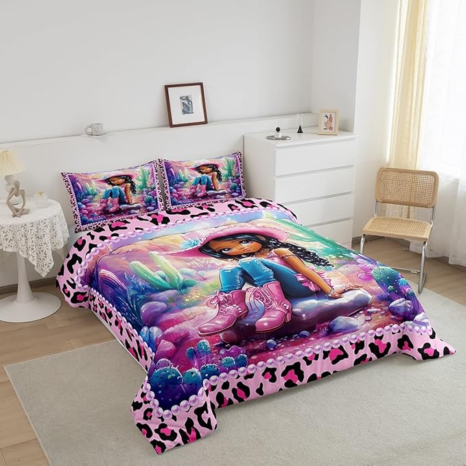 Western Cowgirl Comforter Set King Size,Reversible Cute Girl Cactus American Style Bedding Set All Season Quilt Set,African Pink Leopard Print Plaid Black Microfiber Polyester Down Comforter