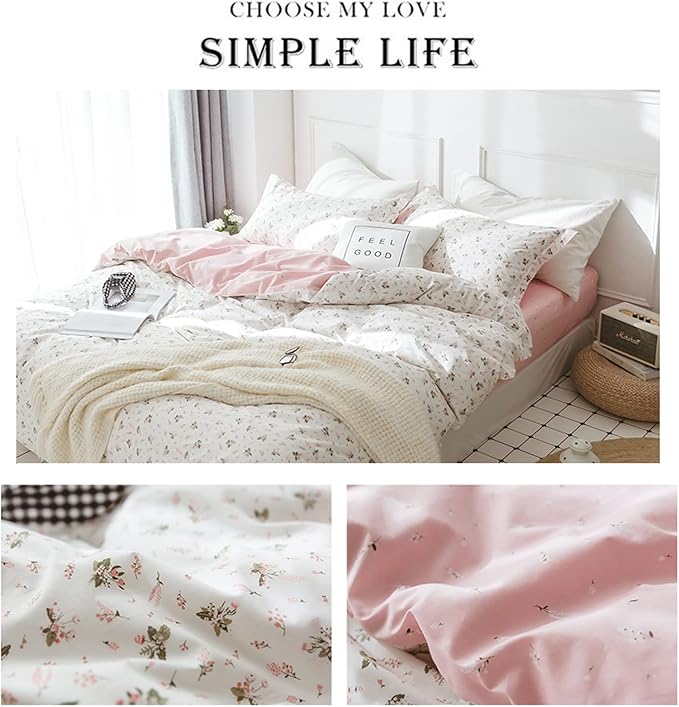 HighBuy Girl Floral Duvet Cover Queen Cotton Pink Flower Coquette Bedding Comforter Covers Queen Bedding Set Pink White Lightweight Soft for Girls Garden Style Duvet Cover for Children