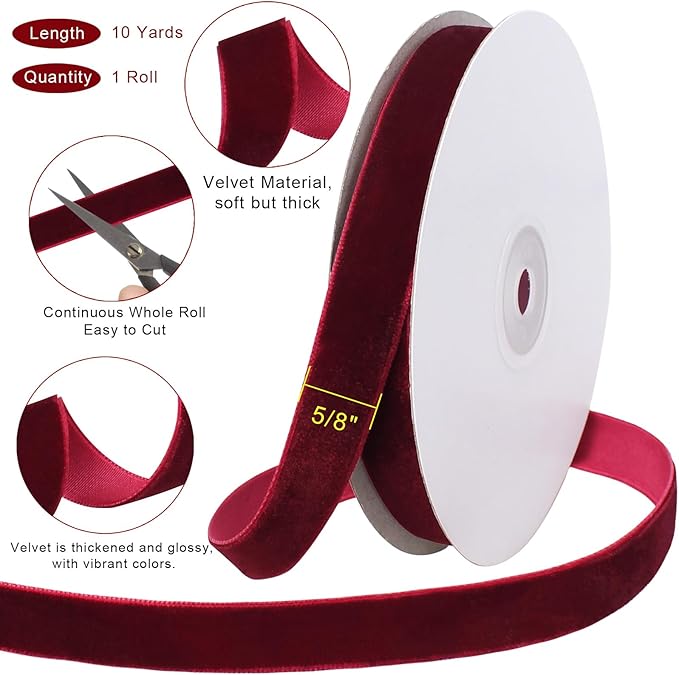 10 Yards Burgundy Velvet Ribbon for Christmas Tree,5/8 Inch Dark Red Velvet Christmas Ribbon for Gift Wrapping Crafts Bow Wreath Holiday Decorations (Burgundy)