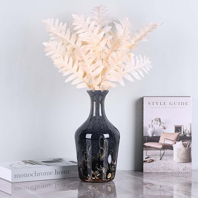 Hand Blown Glass Vase Smoke Gray – Murano Style Art Glass Vase with Rounded Belly and Wide Mouth, Bubble Vase, Elegant Centerpiece for Floral Arrangements in Dining or Living Room (Gray)