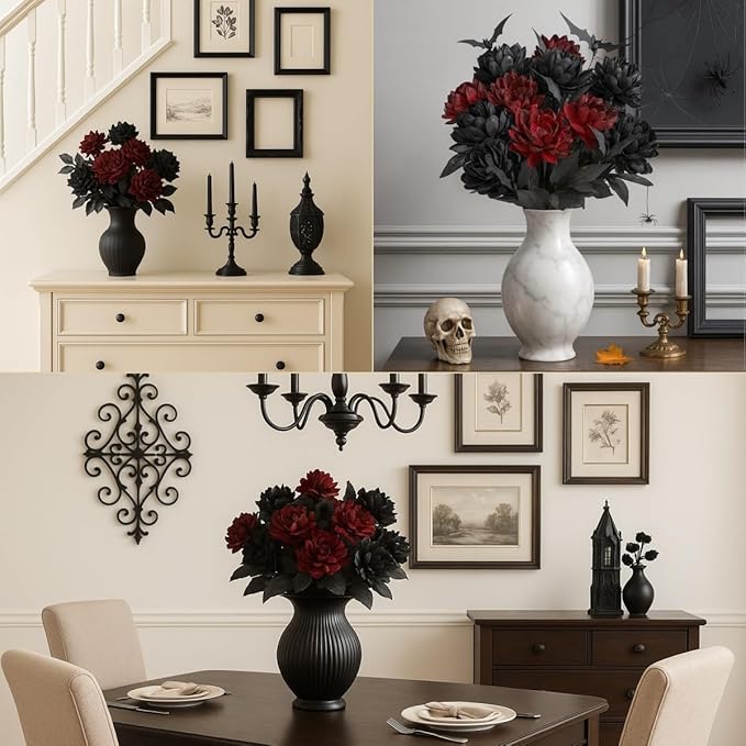 Gothic Black and Red Artificial Dahlia Flowers – Luxury Faux Bouquet for Vase Decor, Dark Aesthetic Centerpiece Arrangement for Modern Home, Living Room, Entryway & Dining Table Décor