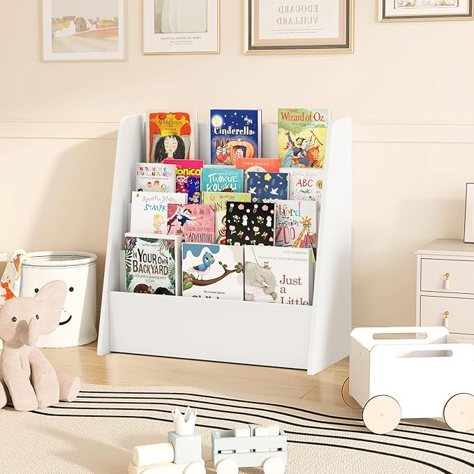 HONEY JOY Kids Bookshelf, 4-Tier Wooden Toddler Bookcase, Children Book Rack & Magazine Display Shelf, Toy Storage Organizer, Book Shelf for Kids Rooms, Playroom, Nursery, Classroom (White)