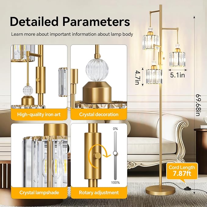 Black Tree Floor Lamp with 3 Crystal Cage Lampshades & Dimmable Bulbs - 70" Vintage Glam Standing Lamp for Living Room Bedroom, Industrial Modern Decor with Crystal Ball Accents (Gold)