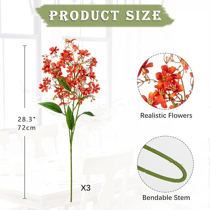 Hollyone Artificial Daphne Flowers with Long Stem 3Pcs Faux Fall Autumn Orange Flowers 28.3” Fake Silk Flowers Piacks Bouquet for Floral Arrangement Wedding Party Centerpiece Table Home Decor