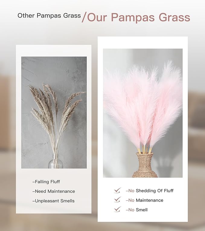 9 Pcs 45" Tall Pampas Grass Pink Decor, Long Stem Artificial Flower Floor Vase Large Faux Floral Pompas Fake Plants Dried Bouquet Arrangement Vase Filler for Boho Home Wedding Decoration
