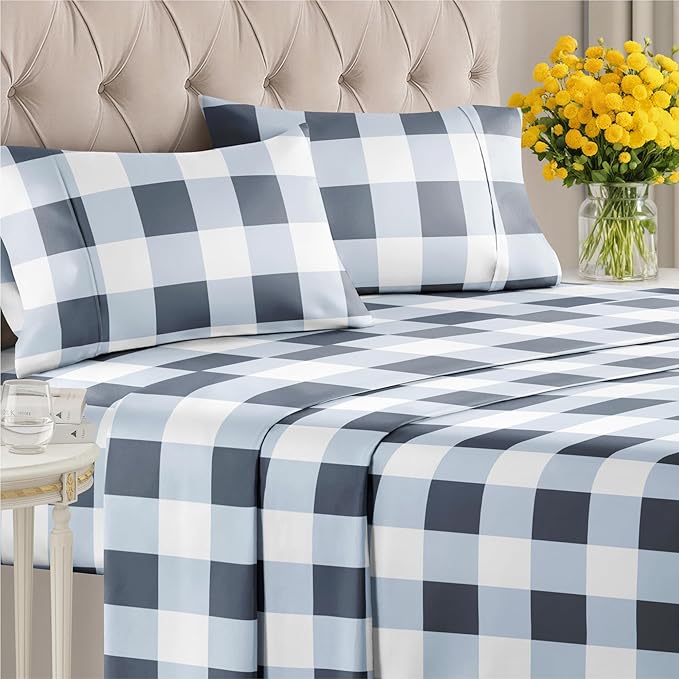 Blue Gingham Bed Sheet Set – 1 Flat & 1 Fitted Sheet & 2 Pillowcases w/ Deep Pockets – Grid, Plaid, Checkered Pattern Bedding - Wrinkle & Fade Resistant - Ultra-Soft, Breathable & Cooling - Queen Size