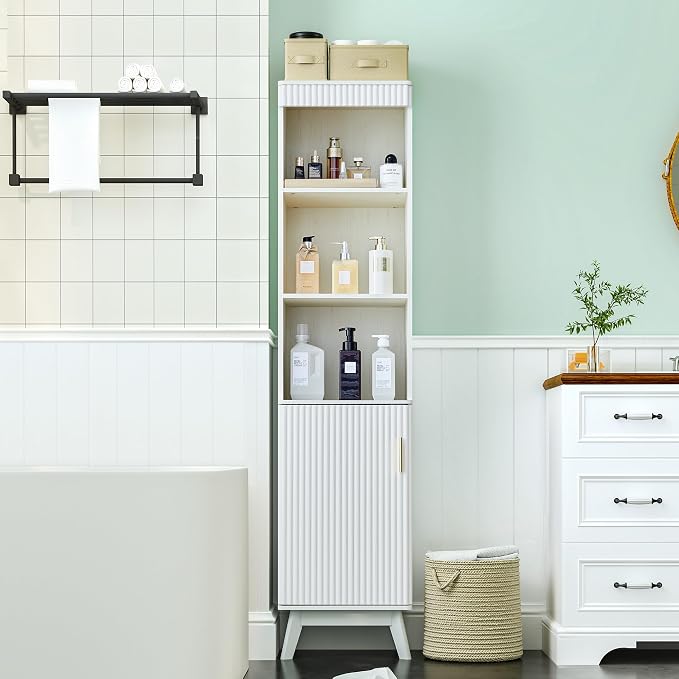 Bifins 68" Tall Bathroom Storage Cabinet,Narrow Fluted Tower Cabinet with Door and Shelves,Slim Space Saving Storage Unit for Bathroom Kitchen Living Room (White, 11.8" D x 15.75" W x 68" H)