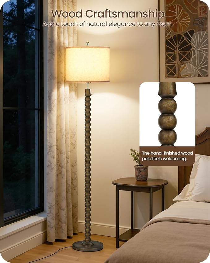 65" Oak Wood Floor Lamps for Living Room with Pull Chain Switch, Adjustable Color Temperatures, Vintage Farmhouse Floor Lamp, Tall Standing Lamp for Bedroom, Entryway, Rustic Brown FE28LD05