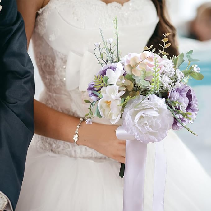 Wedding Bouquets for Bride, Purple & Ivory & Pink Bridal Bridesmaid Wedding Flowers, Artificial Toss Rose for Civil Ceremony, Multicolor, Home Decor