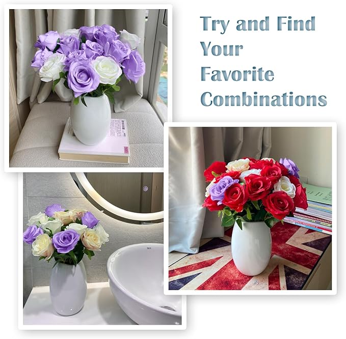 12 PCS Rose Artificial Silk Flowers, Fake Roses with Long Stems Realistic Faux Rose Flower Bouquets for Home Wedding Decoration Party