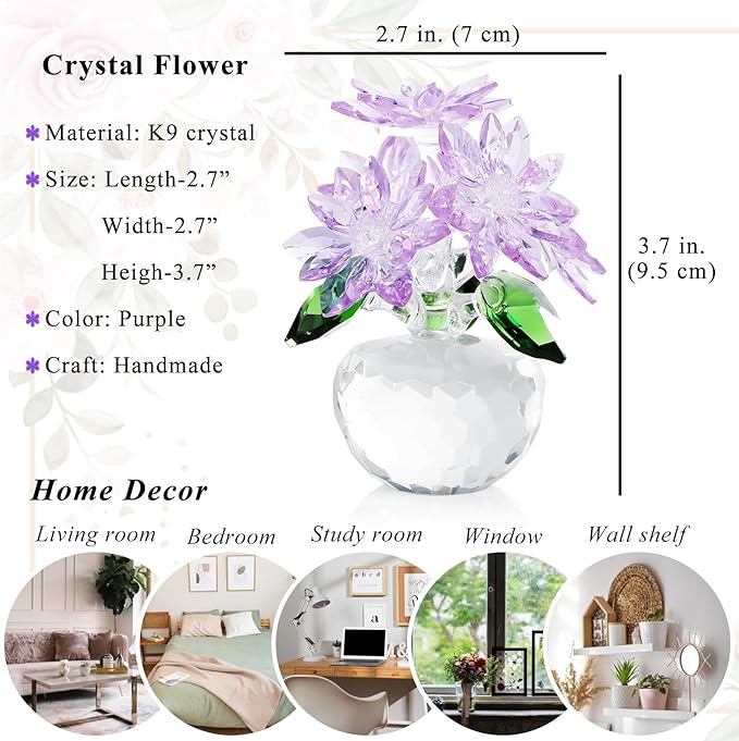 YWHL Purple Crystal Flower Figurines Decor, Beautiful Glass Flower Statue with Crystal Stand, Art Collectible Figurine Gifts for Wife Girlfriend