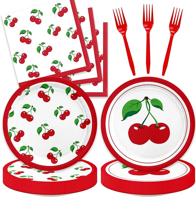 48PCS Cherry Birthday Party Decorations Cherry Themed Party Supplies Include Plates Napkins Forks for 16 Guests