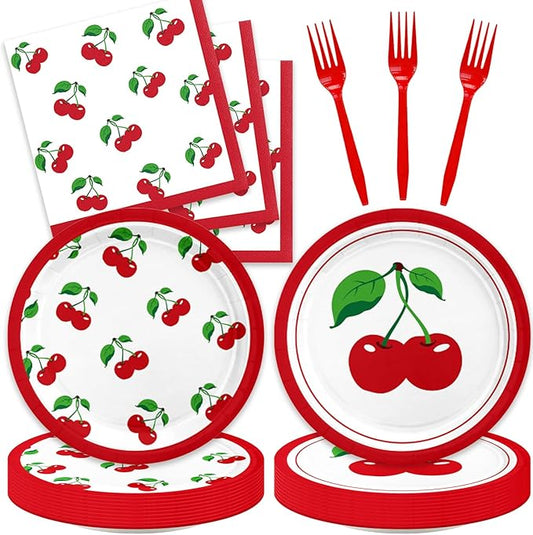 48PCS Cherry Birthday Party Decorations Cherry Themed Party Supplies Include Plates Napkins Forks for 16 Guests