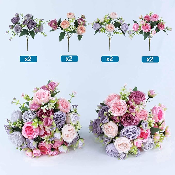 8 Bundles Peonies Artificial Flowers Silk Peonies Faux Flowers Fake Peonies Artificial Flowers Peonies Bouquet for Table Centerpieces Decoration Wedding Decor Home Party Decor (Multicolor)