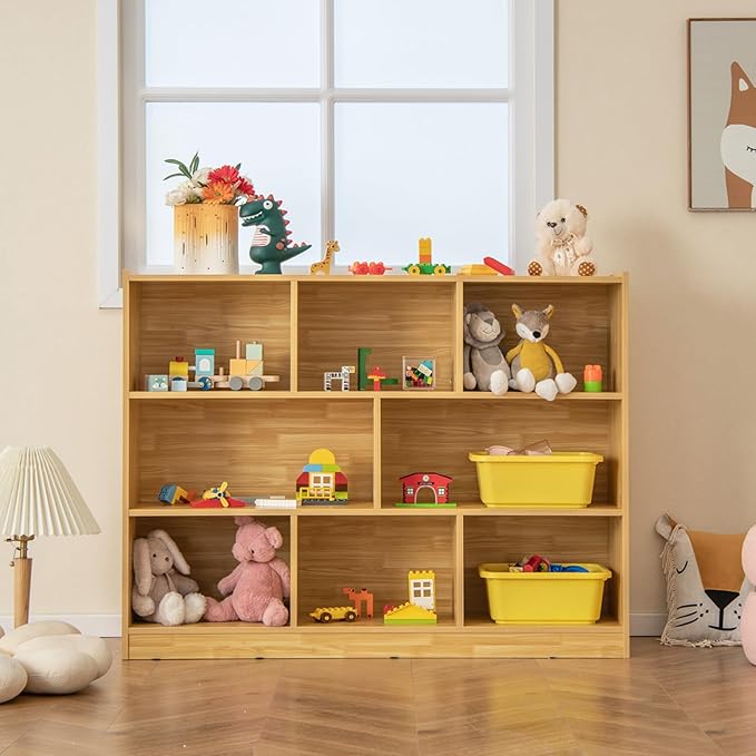 HONEY JOY Kids Toy Storage Organizer, 8-Section Storage Daycare Shelf for Preschool, Children 3-Tier Open Wooden Display Book Shelf Organizer for Classroom, Playroom & Nursery, Kindergarten(Yellow)