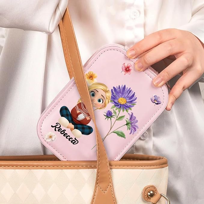 Wrappiness Girls & Women Lovely Makeup Box With LED Mirror - Personalized Jewelry Box Organizer Portable Ideal for Travel, Gift for Daughters Sisters Friends (Birth Month Flower, Teen Girls)