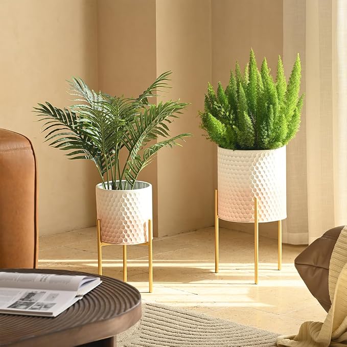 Modern Planter Pots, Set of 2 White Pink Planters with Stand, Decorative Planters, Metal Pots with Drainage Holes for Living Room, Office, Garden