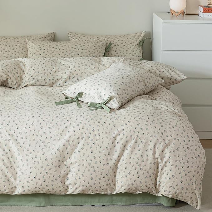 HighBuy Girl Floral Comforter Set Full Cute Boho Full Size Comforter Bedding Sets for Kids with 2 Bow Tie Pillowcases Cottagecore 3 Piece Coquette Bedding Comforter Sets Bed Set Easy Care