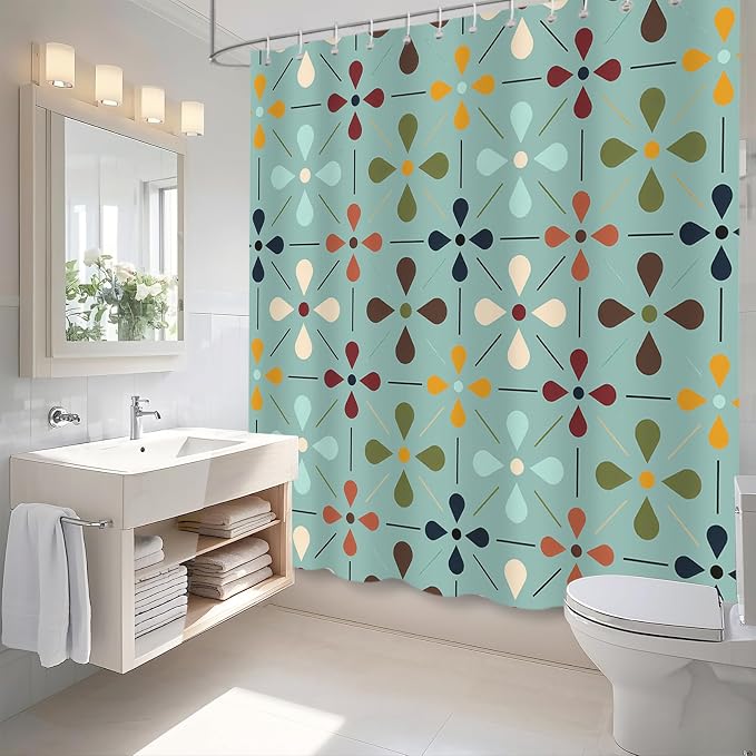APROPHIC Mid Century Retro Shower Curtain 72x72 Inches, Vintage Geometric Pattern Bathroom Curtain with Hooks, Waterproof Polyester Fabric for Bath Shower, Machine Washable Home Decor for Bath, Green