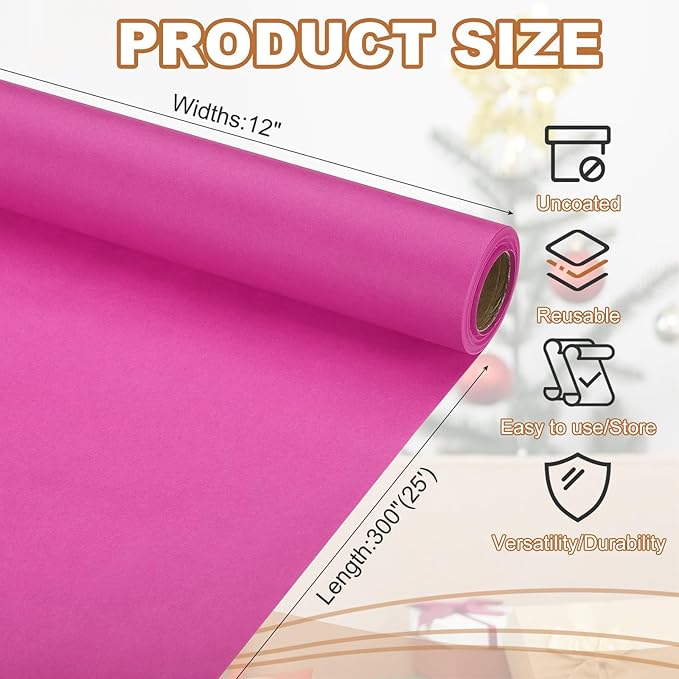 PATIKIL Wrapping Paper, 12" x 300"(25') 70 GSM Craft Paper Roll Kraft Packing Paper for Poster Bulletin Board, Gift Wrapping, Rose Pink