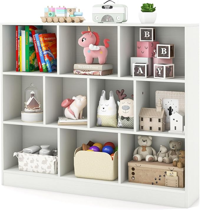 HONEY JOY Kids Toy Storage Organizer, 10-Section Wooden Floor Storage Cabinet, 41” Daycare Toy Chest, 3-Tier Kids Display Bookshelf for Classroom, Playroom & Nursery, Kindergarten (White)