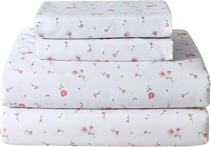 Softan Pink Floral Queen Sheet Set Flower Bed Sheets Queen Size - 4 Piece Microfiber Patterned Fitted Bed Sheets with 15" Deep Pocket, Cozy Cute Pink Flower Sheets and Pillowcase Set