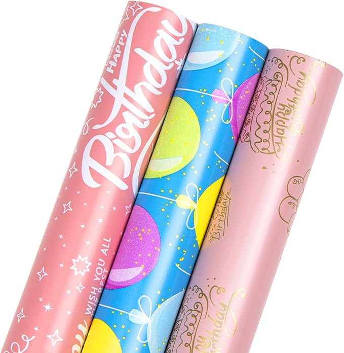 Linnoptimix Birthday Wrapping Paper Rolls -3 LARGE ROLL-27inch*78 inch per roll Colorful Foil Pink Blue wrapping paper (Birthday Blue/Pink/Light Pink （015）)