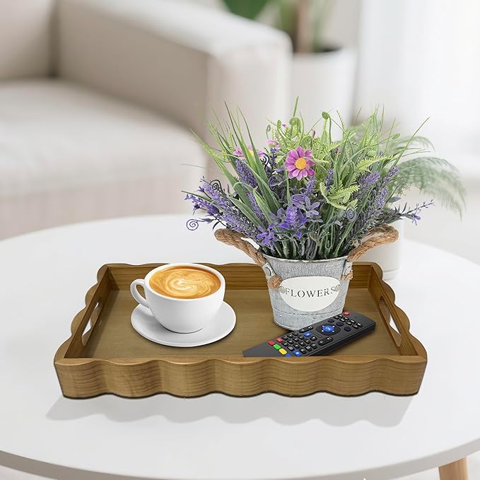 Pine Wood Decorative Tray with Handle, Light Brown | Rectangular, Wooden Serving Tray, For Breakfast in Bed, Coffee Table & Dining Table Use, Living Room & Bedroom Decor