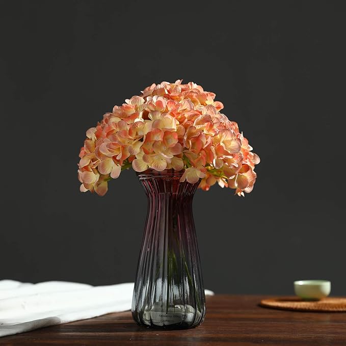 Silk Hydrangea Heads with Stems Artificial Flowers Heads for Home Wedding Decor,Pack of 10 (Light Orange)