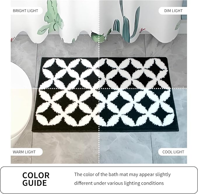 Civkor Black and White Bathroom Rug Non Slip Washable, Tufted Bath Mat for Bathroom with TPR Backing, Quick Dry Fluffy Microfiber Piles, Super Water Absorbent Thin Bath Rug Fit Under Door, 31x20Inch