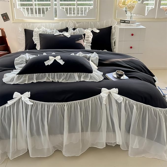 Girls Lace Bedding,Queen Comforter Cover Set, Chic Ruffled Duvet Cover with Lovely Bow,Princess Style 1 Duvet Cover with 1 Pillowcases, No Comforter-Black,Twin Size