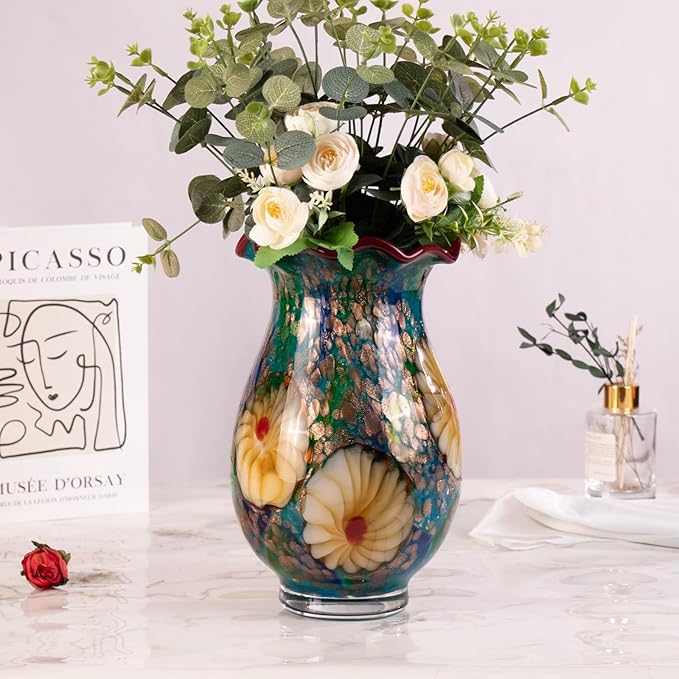 KAMMAK Colored Glass Vase, Beautiful Hand Blown Decorative Vase, Modern Art Vase for Flower Mantle Dining Table Centerpiece, Entryway Living Room Wedding Decoration, ZSLX002