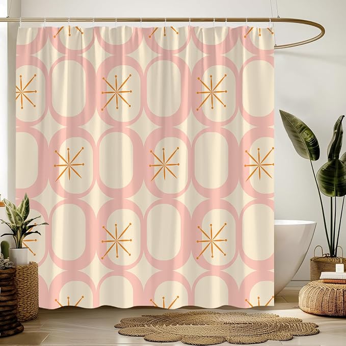 Mid Century Shower Curtain Modern Abstract Atomic Round Squares Retro 50s Geometric Bathroom Decor Polyester Curtains with Hooks