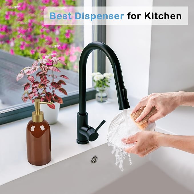 Natheeph 14OZ Ceramic Soap Dispenser Ceramic Soap Pump Dispenser Can Fill Liquid for Bathroom/Kitchen (Amber)