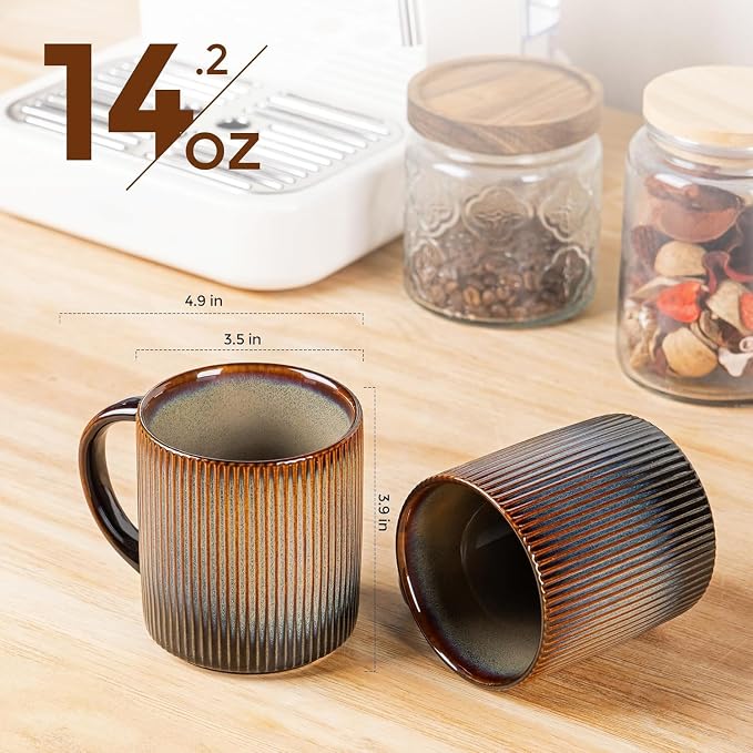 theterra Ceramic Coffee Mugs Set of 4, 14.2oz Handmade Coffee Cups with Handle for Latte, Tea, Milk, Beer, Hot Cocoa, Coca Mocha