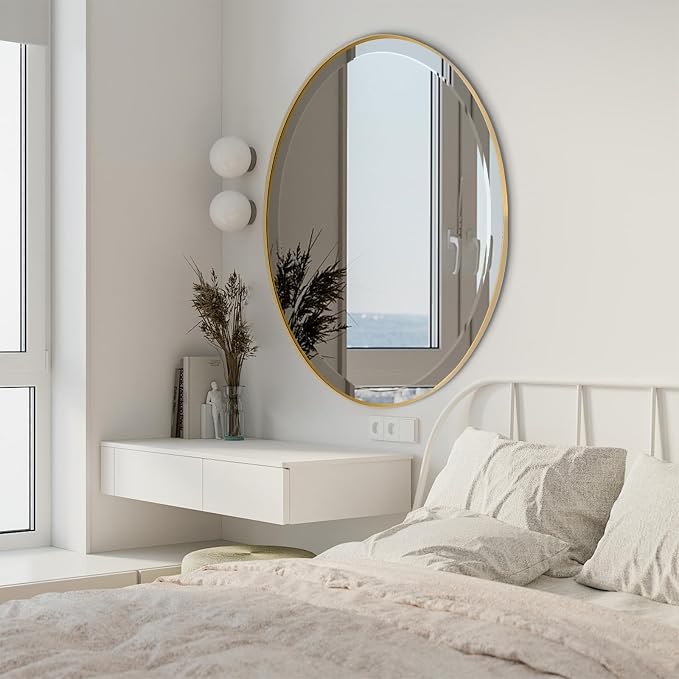 POZINO Brushed Gold Beveled Mirror, 24"x36" Brass Oval Mirrors, Bathroom Mirror for Over Sink, Modern Rounded Vanity Wall Mirrors in Premium Stainless Steel Frame, Hangs Horizontal Or Vertical