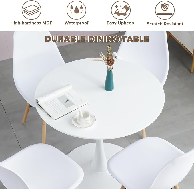 5-Piece Round Dining Table Set,31.5" Mid-Century Modern Kitchen Table with 4 Chairs,Tulip Pedestal Table & Solid Wood Legs,Space Saving Compact Furniture for Small Spaces Apartment Home,White