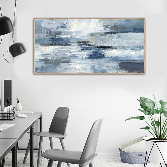 Indigo Framed Wall Art Abstract Ocean Canvas Pictures Blue White Grey Painting Vintage Wall Decor Modern Artwork Prints for Living Room Bedroom Bathroom Office Home Decoration Ready to Hang 29"x58"