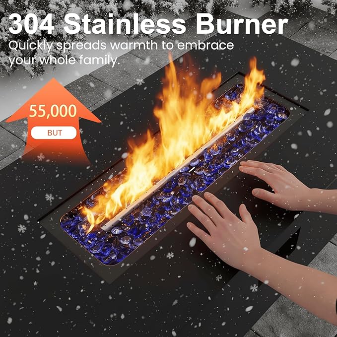 Aeeiua 42" Propane Fire Pit Table Set with Tank Holder, Rectangle 2-Piece Outdoor Firepit Wind Guard, Lid, Glass Stones and Cover
