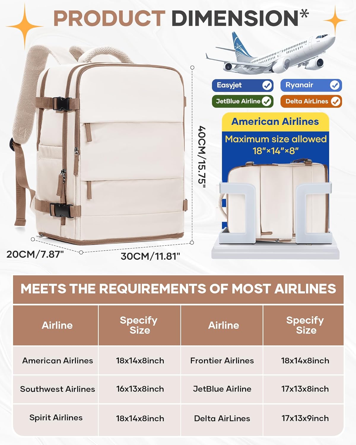 Skiennix Travel Backpack - Flight Approved Personal Item Bag for Airlines | Large Beige & Brown Design