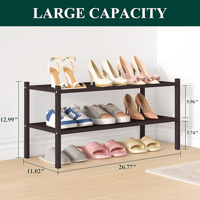 Smiry Bamboo Shoe Rack, 2 Tier Shoe Organizer for Entryway & Closet, Stackable Free Standing Storage Shelf for Shoes, Bags & Plants, Brown