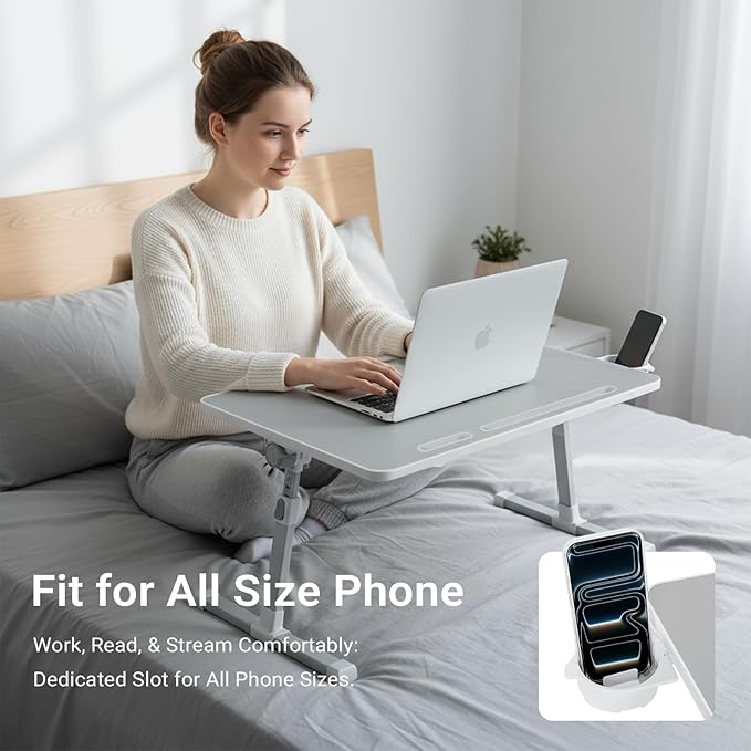 iXTRA Laptop Lap Desk with Cooling Fan - Adjustable Bed Desk with Light, Bed Table with Cup Holder&Phone Holder - Storage Drawer Desk - Folding Bed Desk,Grey,70x45cm