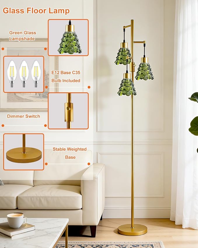 Lightdot 67" Green Glass Floor Lamps for Living Room 3-Light Dimmable Floor Lamp with Glass Shade& Bulbs Included, Mid Century Standing Tall Lamp with 5Lbs Heavy Base for Bedroom/Sofa Beside-Gold