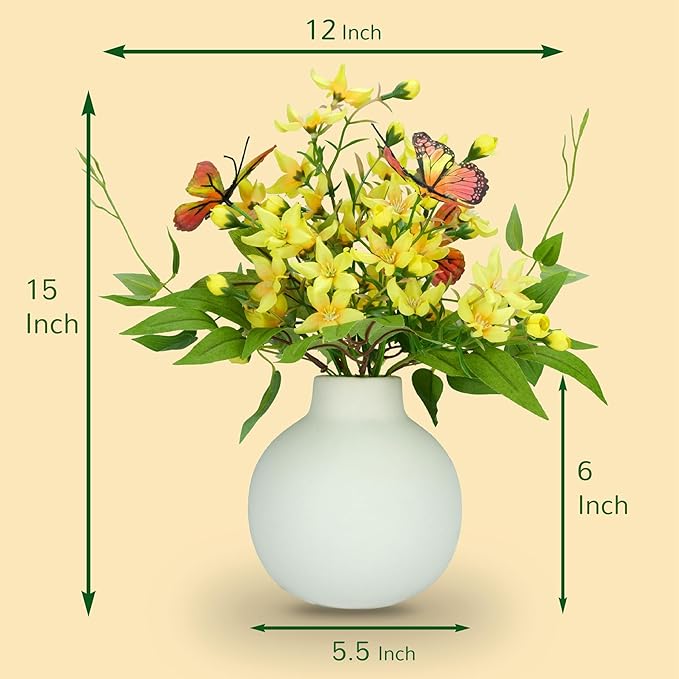HOSY Artificial Freesia Bouquet in Ivory Ceramic Vase, Silk Flower and Butterfly Arrangements for Table Centerpiece Decoration (Freesia)