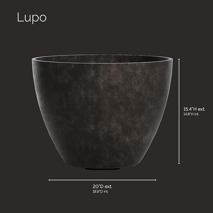 Lupo Tapered Planter – Brown Stone Finish – Fiberglass Indoor/Outdoor and Weather-Resistant Medium Planter (20" D x 15.4" H Exterior, 18.9" D x 14.8" H Interior)